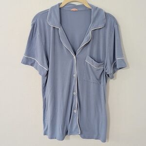 Eberjey Gisele Short Sleeve Button Front Pajama Shirt Front Pocket Blue Small S